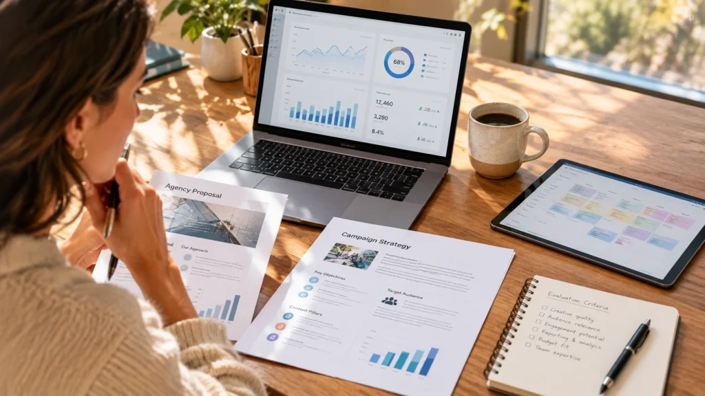 Brand manager comparing agency proposals and analytics dashboards while choosing the best social media marketing agency