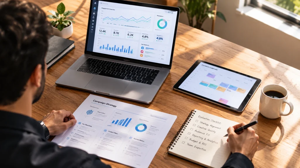 Marketer reviewing an analytics dashboard and strategy notes while working on Google My Business optimization
