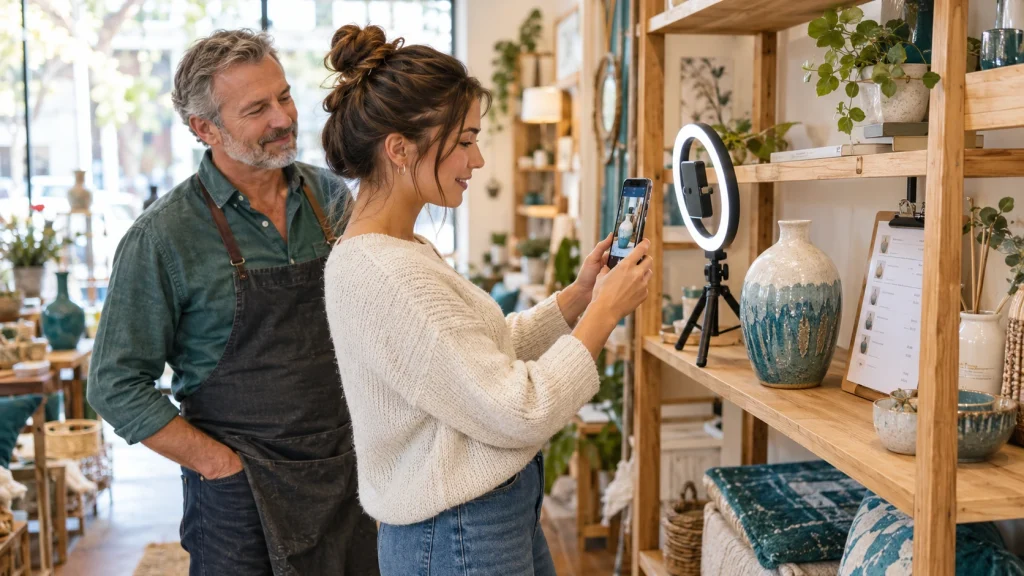 Boutique owner and social media manager creating product content, a key part of social media packages pricing
